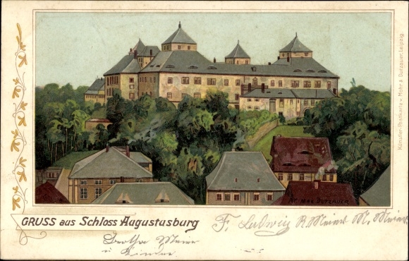 Kunstenaar Litho Dutzauer, Max, Augustusburg in het Ertsgebergte, zicht op de burcht