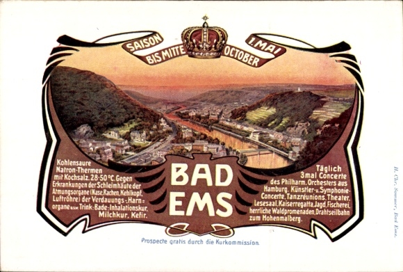 Ak Bad Ems an der Lahn, Kohlensaure Natron-Thermen, Konzertveranstaltungen, Waldpromenaden, Draht