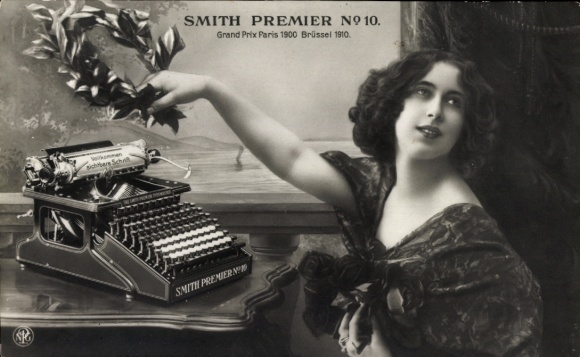 Postcard Smith Premier No 10 typewriter, advertisement, woman with laurel wreath, NPG