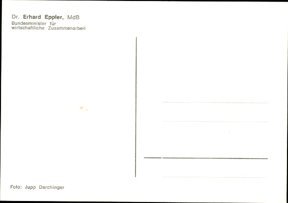 Postcard Dr. Erhard Eppler, Federal Minister for Economic Cooperation, autograph