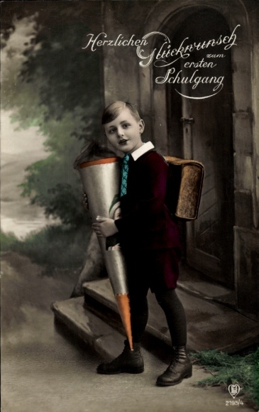 Postcard Congratulations School Enrollment, Boy, School Cone, School Bag