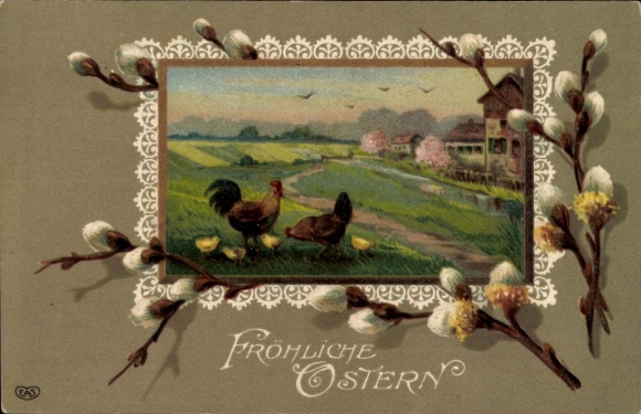 Postcard Rössing Nordstemmen in Lower Saxony, Happy Easter, chicken family in front of a landscape...