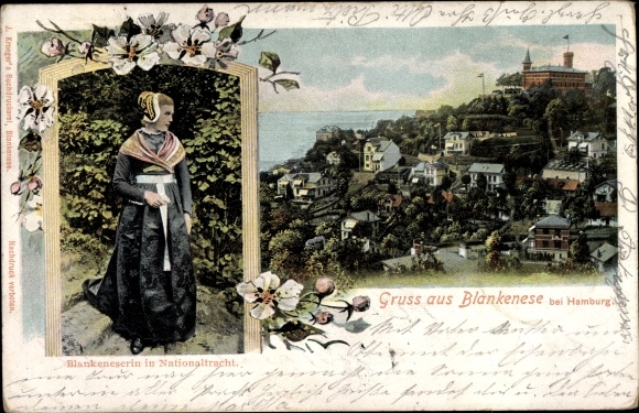 PC Hamburg Altona Blankenese, woman in national costume, total view of the village