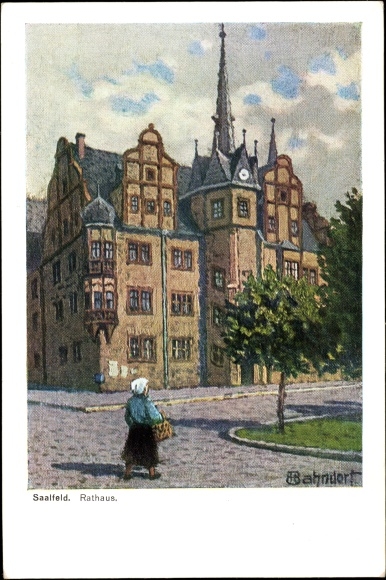 Kunstenaarskaart Bahndorf, Heribert, Saalfeld an der Saale Thüringen, zicht op het stadhuis