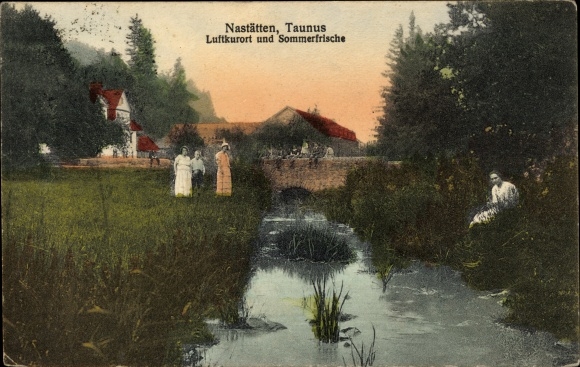 Postcard Nastätten im Taunus, river section, bridge