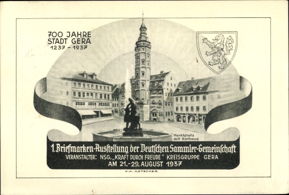 PC Gera in Thuringia, 1st stamp exhibition of the. German collectors' community 1937, town hall
