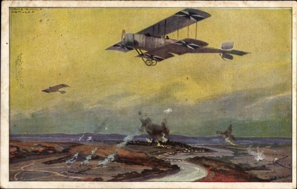 Künstler Ak Schulze, Hans Rudolf, Militärdoppeldecker auf Erkundungsflug an der Marne, I. WK
