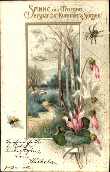 Chromo-Litho spider in the morning, save yourself grief and worries, bee, flowers