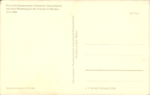 Postcard Cosmonaut Valentina Vladimirovna Tereshkova, World Congress of Women in Moscow 1963