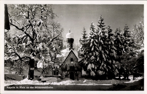 Postcard Klais Krün Upper Bavaria, chapel in the snow, trees, winter landscape