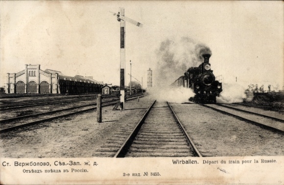 Postcard Wirballen Virbalis East Prussia, German-Russian border, train station, track side, steam locomotive
