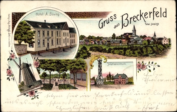 Litho Breckerfeld in Nordrhein Westfalen, Hotel A. Böving, Hohenzollernturm, Windmühle