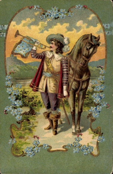 Embossed passepartout PC trumpeter of Säckingen, horse, forget-me-not