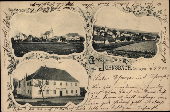 PC Johnsbach Glashütte in the Eastern Ore Mountains, inn, school, parish, church, total view