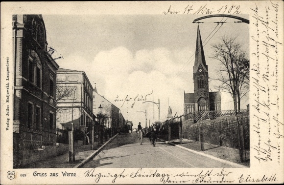 Postcard Werne an der Lippe Westfalen, street section with church