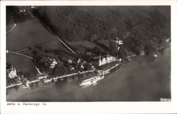 Postcard Starnberg on Lake Starnberg, Upper Bavaria, aerial view, lake, houses, boat, shore, forest