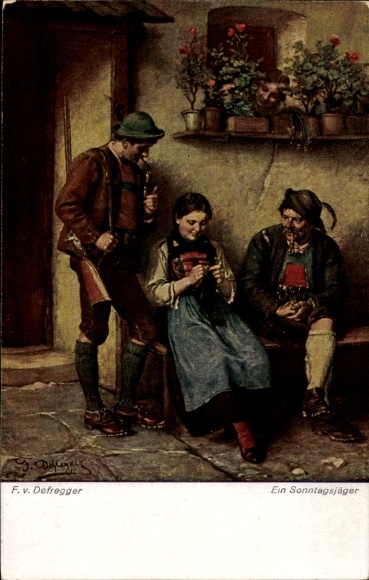 Artist Postcard by Defregger, F., Sunday hunter, knitting woman