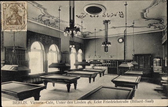 Postcard Berlin Mitte, Victoria Cafe, Unter den Linden 46 corner Friedrichstrasse, interior view, billiard hall