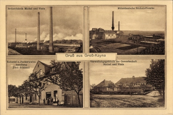 Postcard Großkayna Braunsbedra Saalekreis, briquette factory, nitrogen works, grocery store