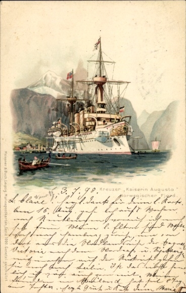 Kunstenaar litho Bohrdt, Hans, Duits oorlogsschip, kruiser Kaiserin Augusta, Noorse Fjord