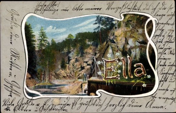Passepartout letters PC first name Ella, lot on the river, rocks, forest