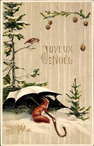 Embossed PC Merry Christmas, squirrel under an umbrella, bird
