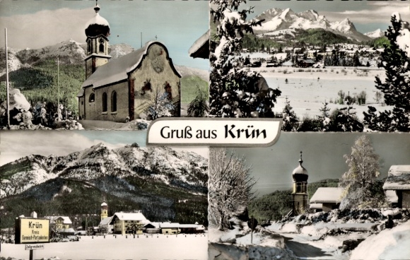 Postcard Krün in Upper Bavaria, partial views in winter, church