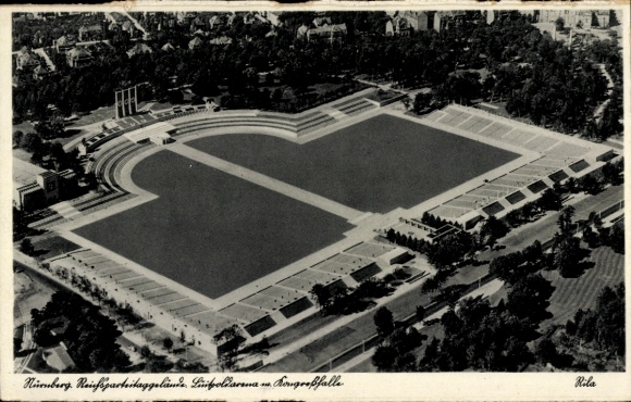 Postcard Nuremberg, Nazi Party Rally Grounds, Luitpold Arena, Congress Hall, aerial photograph