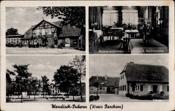 Postcard Wendisch Priborn, Restaurant, R. Bunkelmann, Fairground, School