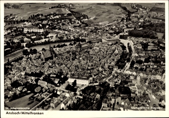 Postcard Ansbach in Middle Franconia Bavaria, aerial view of the city, St. John's Church, Margravial Res