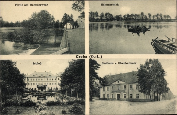Postcard Creba Kreba Neudorf in Oberlausitz, hammer weir, hammer pond, castle, inn Eisenhammer