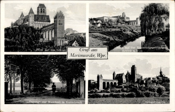 Postcard Marienwerder in Brandenburg, various views, castle, government building, access to the We