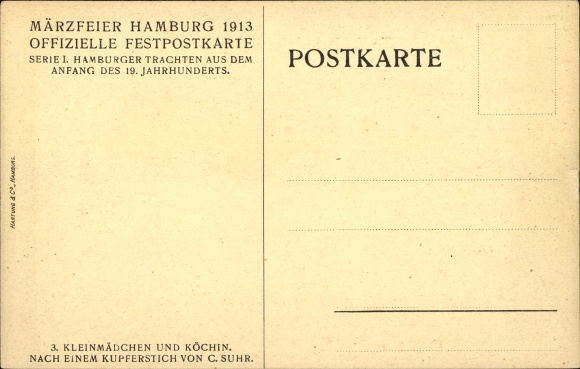 Artist Postcard Suhr, C., little girl and cook, Hamburg costumes from the 19th century, March celebration 1913