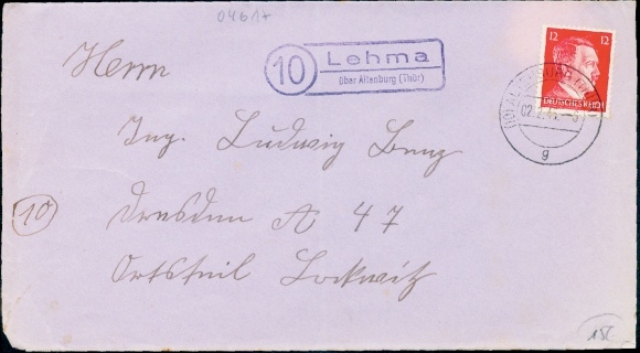 (10) Lehma via Altenburg Thüringen / g / 02/02/1945, brief met 12 Pf Hitler