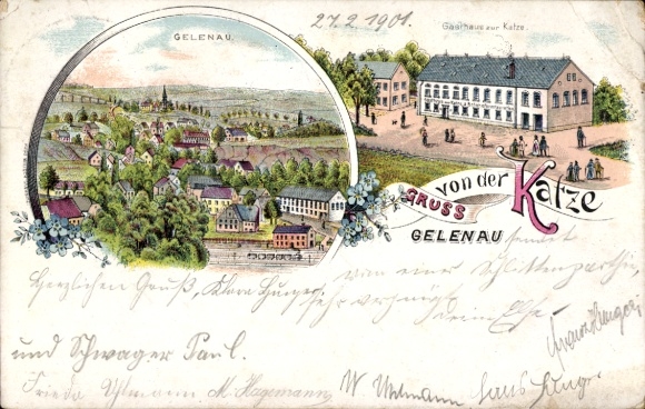 Chromo-Litho Gelenau in the Ore Mountains, town, Gasthof zur Katze