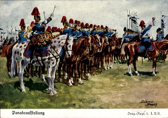 Artist Postcard Döbrich Steglitz, Parade formation, Dragoon Regiment 1 IAK