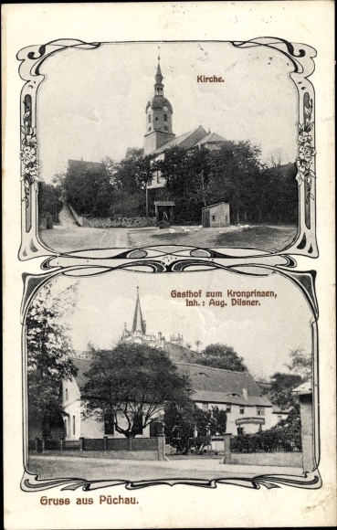Passepartout Postcard Püchau Machern in Saxony, church, inn to the crown prince