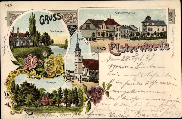 Chromo-Litho Elsterwerda in Brandenburg, Memorial Square, Royal. Seminary, wood yard, church