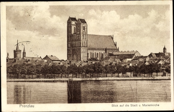 Postcard Prenzlau in the Uckermark, view of the city with Marienkirche