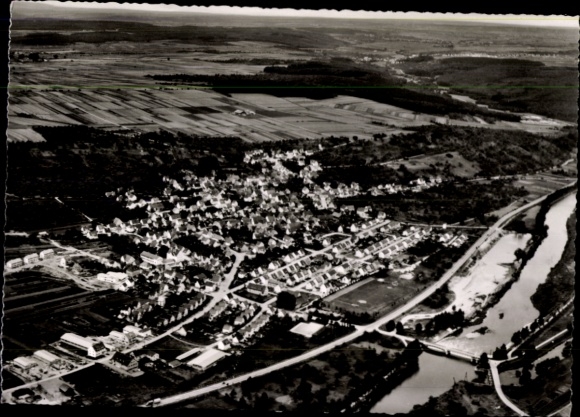 Postcard Deizisau am Neckar, aerial view of river, houses, fields