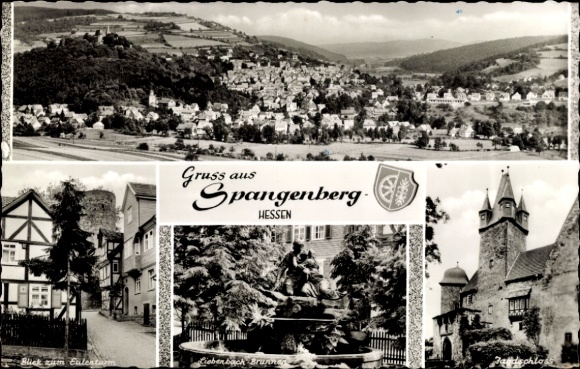 Postcard Spangenberg in Hessen, general view, castle, fountain, owl tower, coat of arms