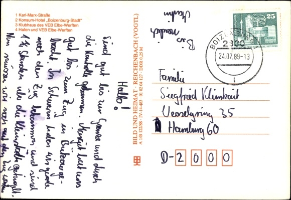 Postcard Boizenburg on the Elbe, Karl Marx Street, Konsum Hotel, Klubhausm Hafen, Elbe shipyards