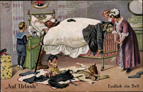 Kunstenaar Ak Thiele, Arthur, op vakantie, eindelijk een bed, soldaat