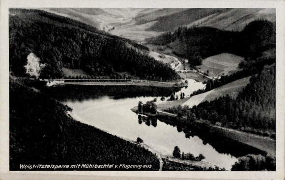 Postcard Lubachów Breitenhain Lower Silesia, Silesian Dam, Weistritz Dam, aerial photograph of the