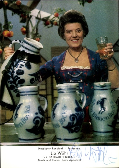 Postcard actress Lia Wöhr, portrait, autograph, Zum blauen Bock, music and humor at Äppelwoi