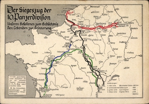 Map Postcard German Wehrmacht, Victory of the 10th Panzer Division, Western Campaign, General Ferdinand Schaal