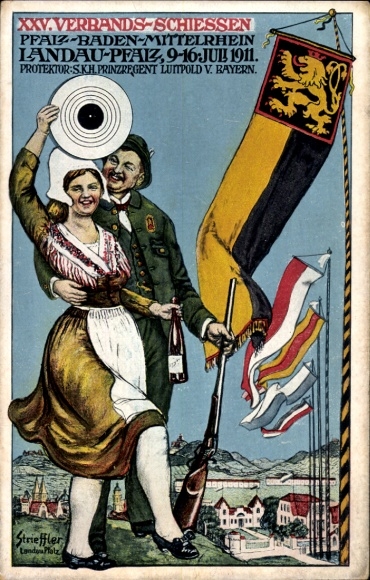 Postwaardestuk kunstenaar ansichtkaart Strieffler, Landau Pfalz, schietpartij 25e vereniging 9 - 16 juli 1911, klederdracht