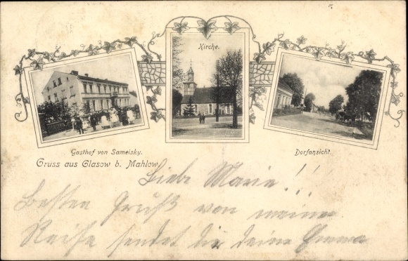 Postcard Glasow Blankenfelde Mahlow in the district of Teltow, inn by Samelsky, church, village street