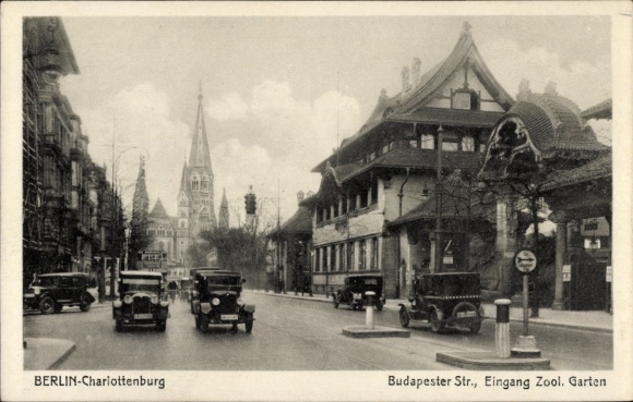 Postcard Berlin Charlottenburg, Budapester Straße, entrance to the Zoological Garden, Kaiser Wilhelm Memorial Church