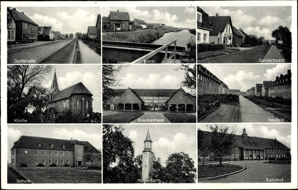 Postcard Sande in Friesland, canal, train station, hospital, school, Marienturm